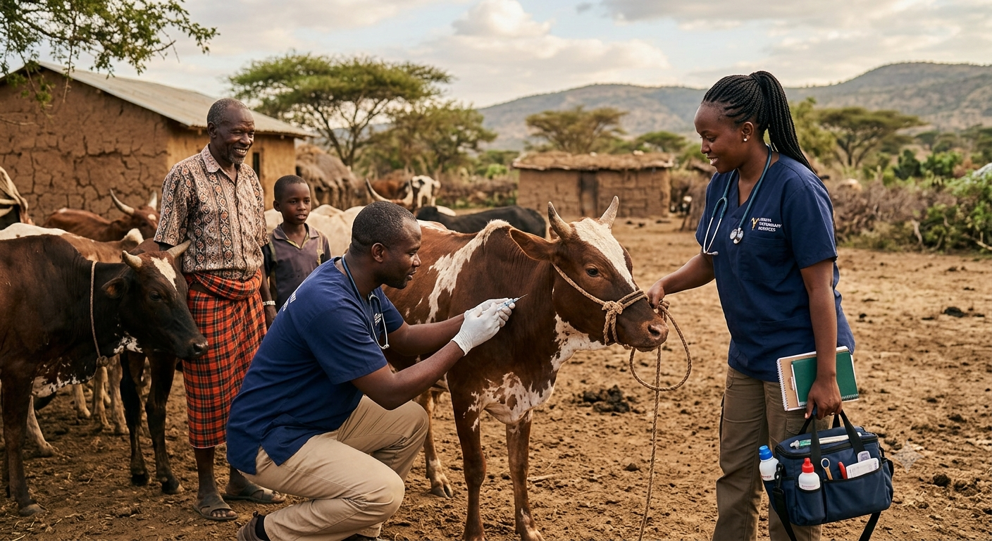 Veterinary team caring for cattle on a rural farm