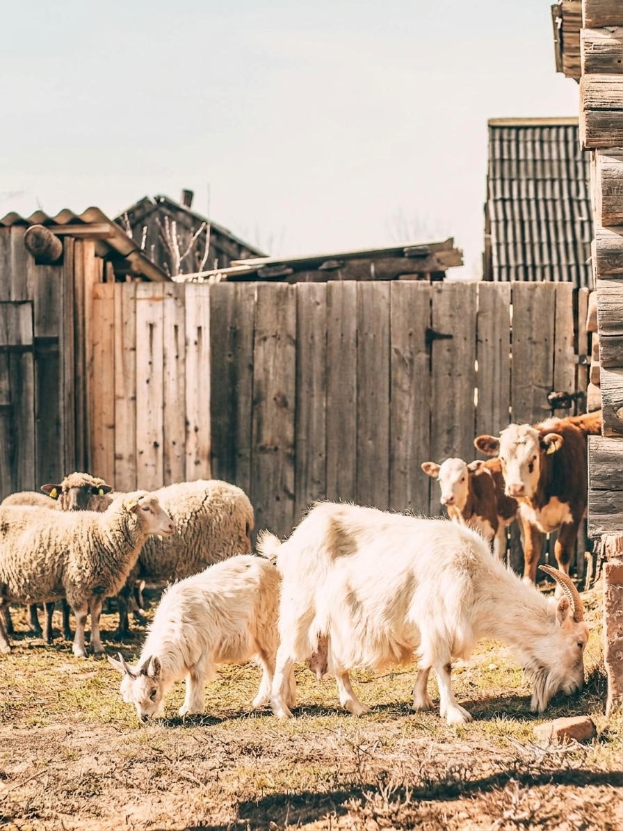 Goats, sheep and calves near a rural farm fence